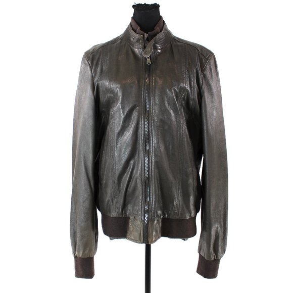 Zara Man Leather Olive Green Brown Ribbed Trim Zip-Up Lined Bomber Jacket XL 42